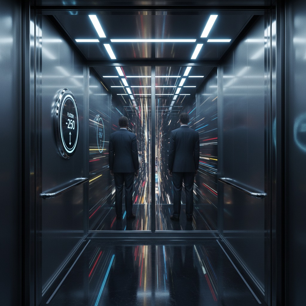 Two businessmen in dark suits stand inside a metallic elevator looking out at a fast-moving, futuristic light tunnel.