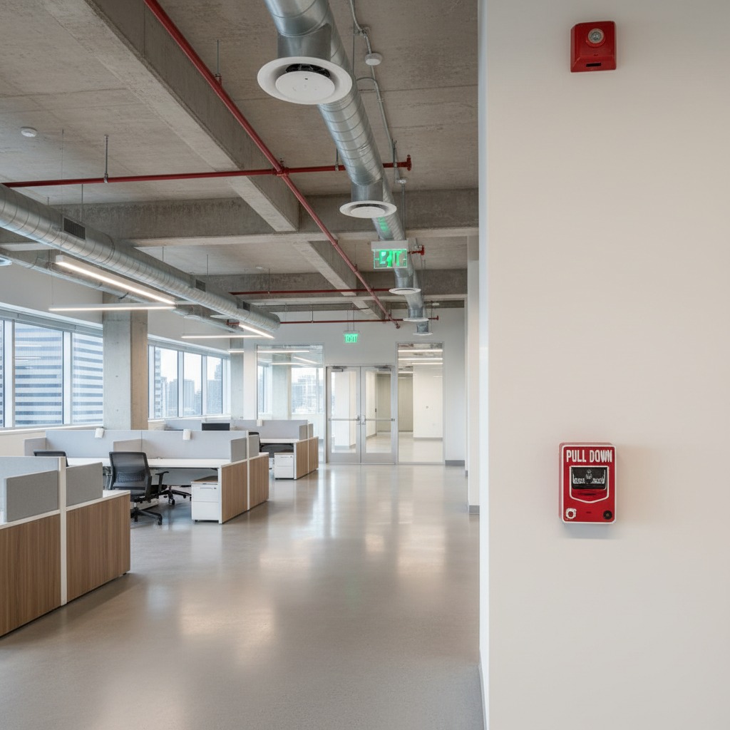 A red fire alarm pull station is mounted on a white wall in a modern office with exposed concrete ceilings and cubicles.