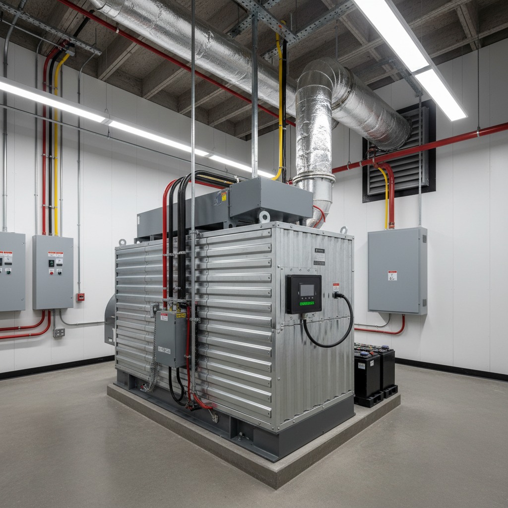 A large industrial generator sits in a brightly lit utility room surrounded by electrical panels and ventilation pipes.