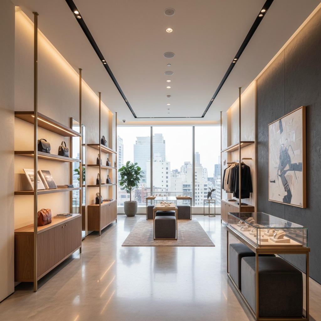 A luxury clothing boutique features minimalist wooden shelving, glass display cases, and large windows with a city view.