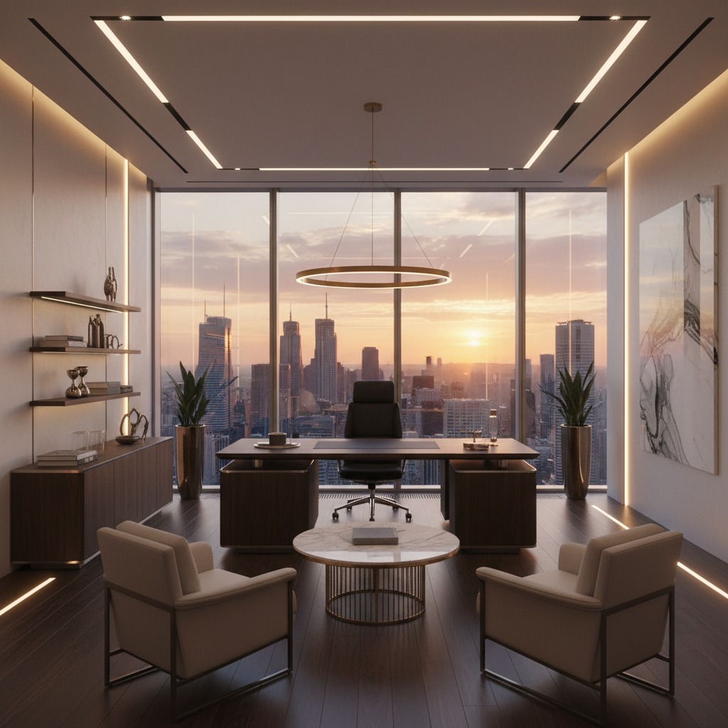A modern executive office features a dark wood desk facing a floor-to-ceiling window overlooking a city skyline at sunset.